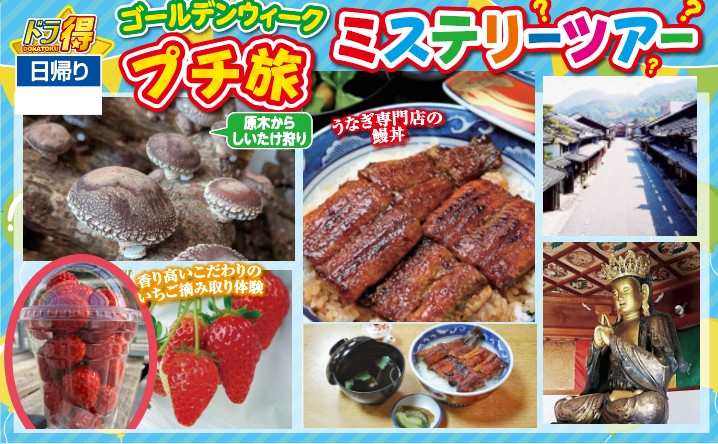 WEB予約3ポイント！日帰り/ゴールデンウィークプチ旅 ミステリーツアー