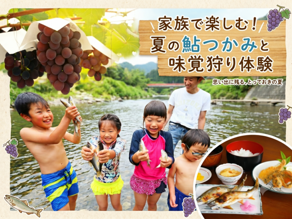 旅ろっ！愛知【日帰り】男川やなの鮎つかみ取り体験とぶどう狩りため放題